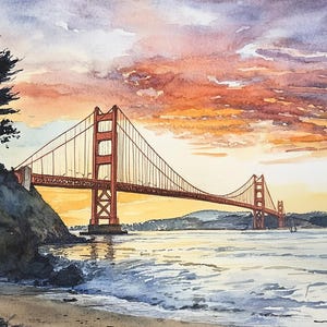 ゴールデンゲートブリッジの絵画 サンフランシスコ湾 水彩画 アートプリント カリフォルニアの夕日 ウォールアート 風景画 旅行ポスター 新築祝いのギフト