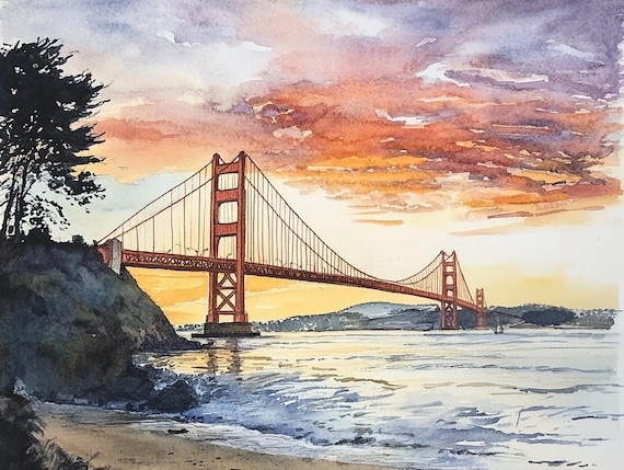 ゴールデンゲートブリッジの絵画、サンフランシスコ湾の水彩画アート