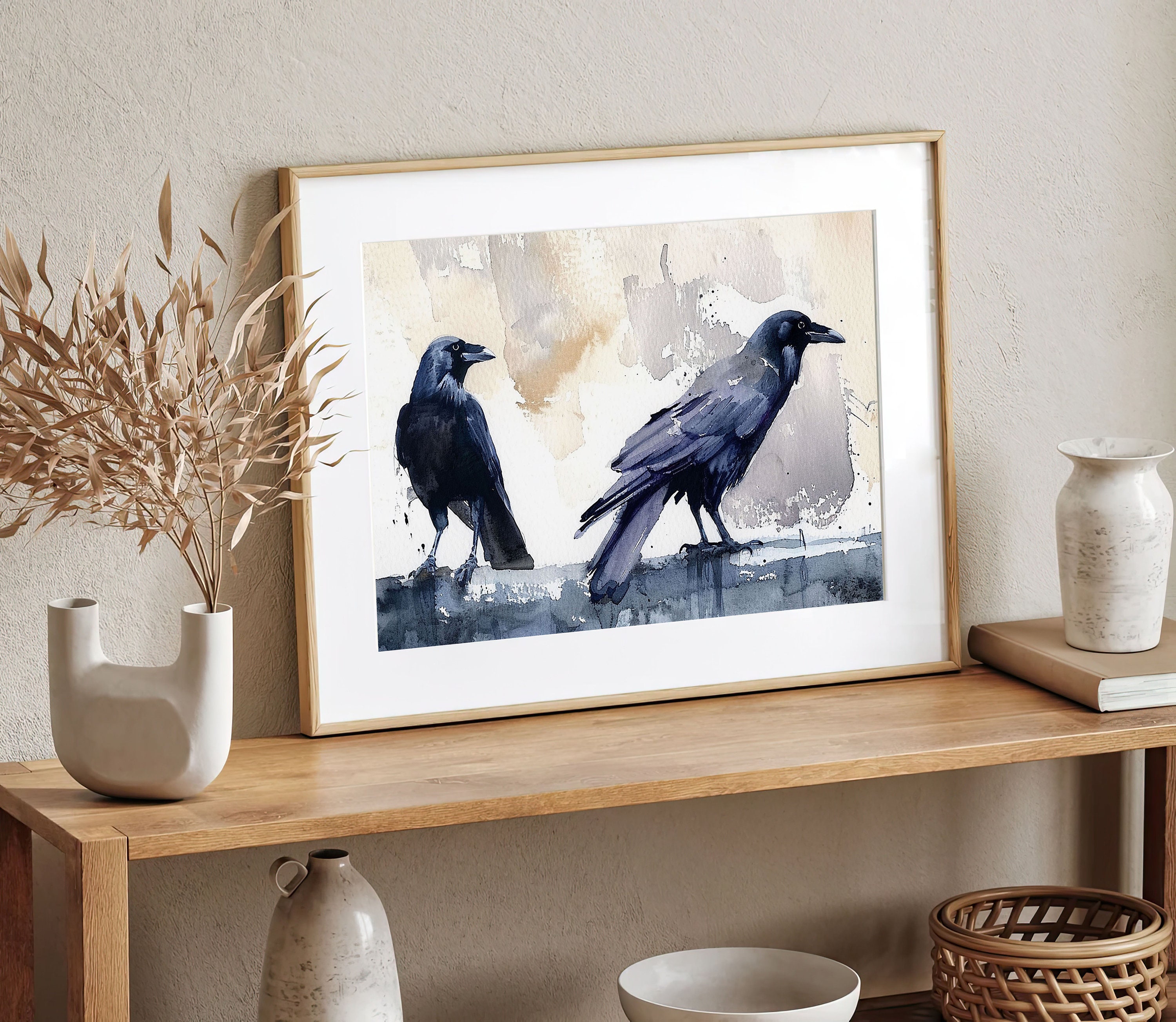 カラスの絵画 鳥のアートプリント ワタリガラスの水彩画 アート 黒い