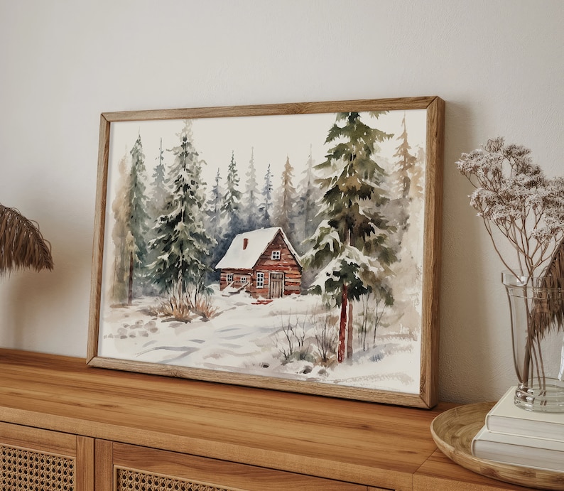 Winter Cabin Print Snow Scene Watercolor Painting Snowy Forest Wall Art ...