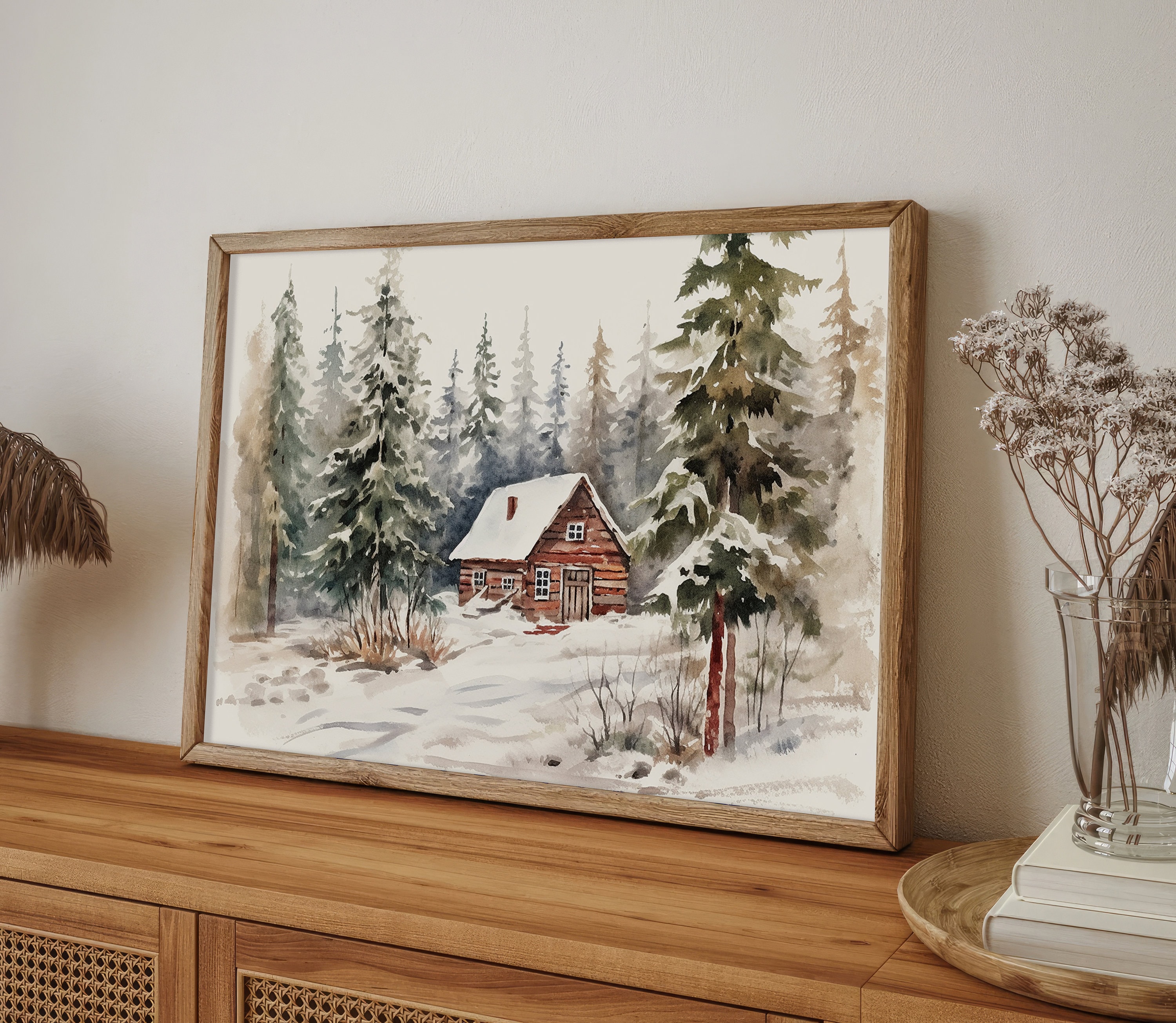 Winter Cabin Print Snow Scene Watercolor Painting Snowy Forest Wall Art ...
