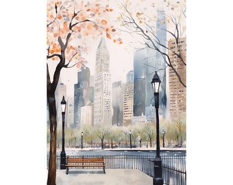 Peinture aquarelle sur les toits de la ville de New York, impression d'art paysage urbain de printemps, art mural, affiche de voyage, cadeaux de pendaison de crémaillère