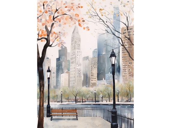 ニューヨークの絵画 NYC スカイライン 水彩画 アートプリント 春の
