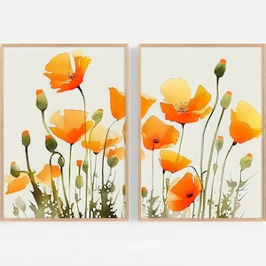 California Poppy Prints Set of 2 Poppies Watercolor Botanical Art Print Farmhouse Wall Art California Wildflowers