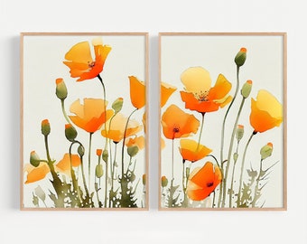 Puede incluir: Dos cuadros enmarcados con acuarelas de amapolas naranjas. La obra muestra las flores en varias etapas de floración, con capullos y tallos verdes. Los marcos tienen un acabado de madera clara. El fondo es de color blanco roto.