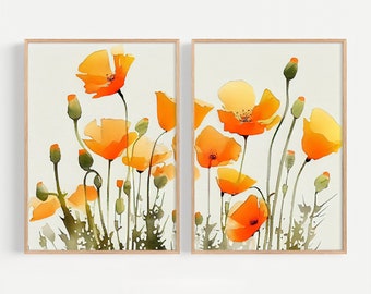 California Poppy Prints Set of 2 Poppies Watercolor Botanical Art Print Farmhouse Wall Art California Wildflowers