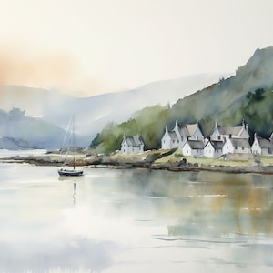 Plockton Painting Loch Carron Art Print Scotland Watercolor Landscape Wall Art Scottish Highlands Artwork