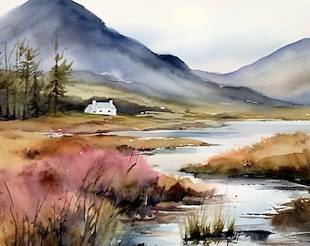 Scottish Borders Painting Scotland Art Print Landscape Heather Field Watercolor Scottish Highlands Wall Art Farmhouse Wall Decor