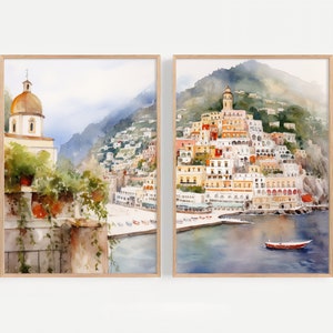 Positano Painting Set of 2 Amalfi Coast Watercolor Painting Italian Cityscape Print Italy Seascape Art Print