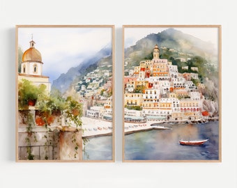 Positano Painting Set of 2 Amalfi Coast Watercolor Painting Italian Cityscape Print Italy Seascape Art Print