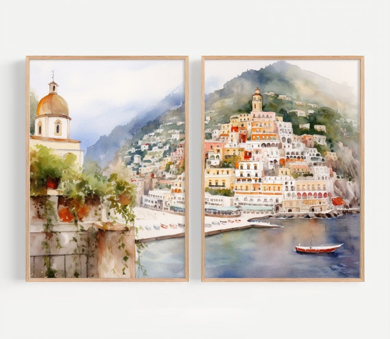 Positano Painting Set of 2 Amalfi Coast Watercolor Painting Italian Cityscape Print Italy Seascape Art Print