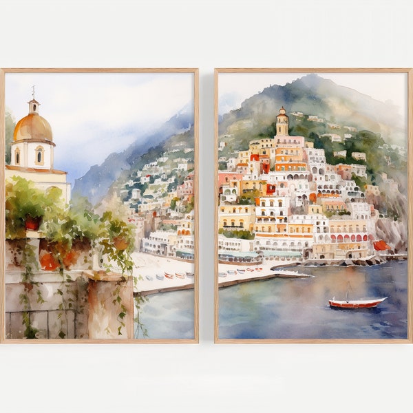 Positano peinture ensemble de 2 côte amalfitaine aquarelle peinture paysage urbain italien impression Italie paysage marin impression d’Art