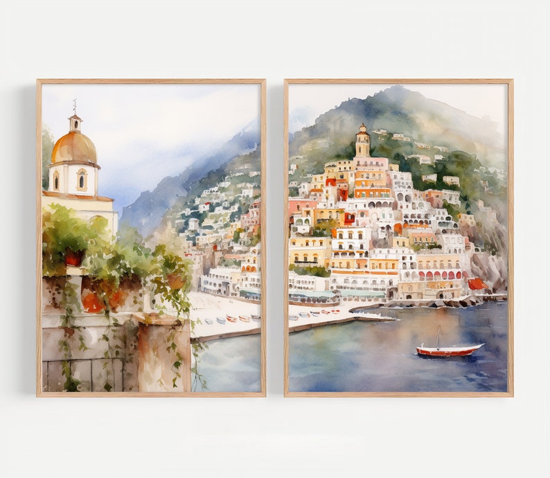 May include: Two watercolor paintings of a coastal town in Italy. The left painting shows a close-up of a building with a dome and a lush green garden. The right painting shows a wide view of the town with colorful buildings on a hillside overlooking the sea.