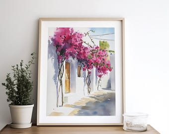 ブーゲンビリアの絵画 サントリーニ 水彩画 アートプリント ギリシャの