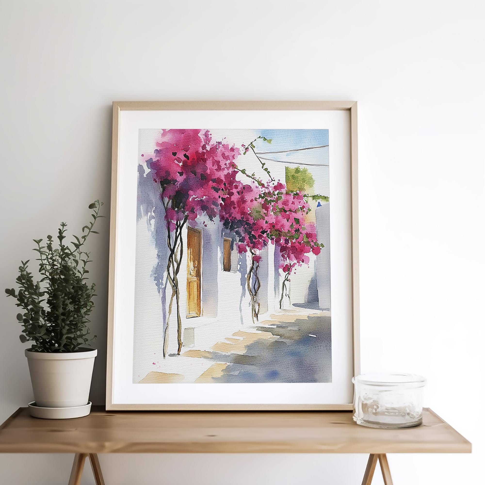ブーゲンビリアの絵画 サントリーニ 水彩画 アートプリント ギリシャの