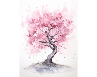 Sakura Painting Blossom Tree Watercolor Cherry Wall Art Japan Landscape Art Print Pink Flowers Artwork