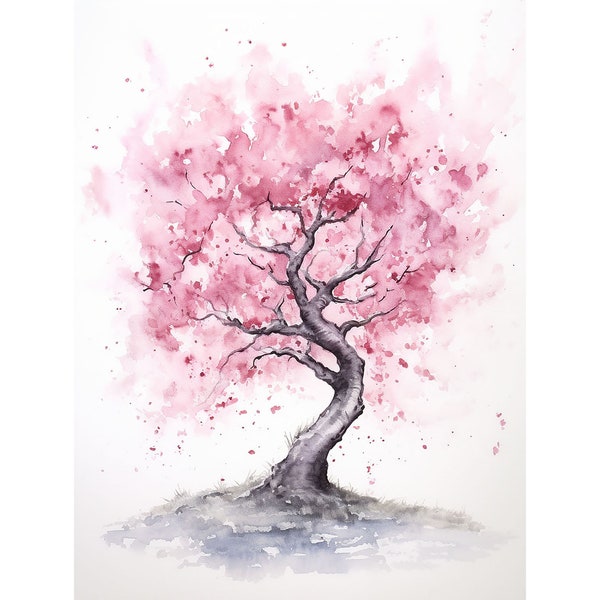 Sakura Painting Blossom Tree Watercolor Cherry Wall Art Japan Landscape Art Print Pink Flowers Artwork