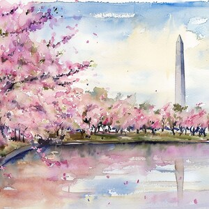 Washington Monument Painting Cherry Tree Watercolor Art Print Spring Washington DC Landscape Wall Art