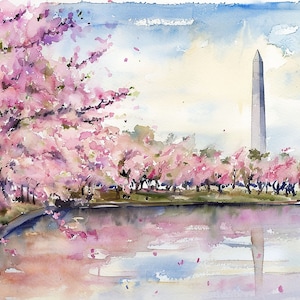 ワシントン記念塔の絵画 桜の木 水彩画 アートプリント 春 ワシントン DC 風景 ウォールアート