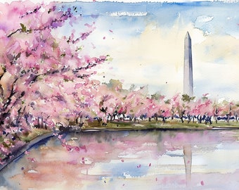 Washington Monument Painting Cherry Tree Watercolor Art Print Spring Washington DC Landscape Wall Art