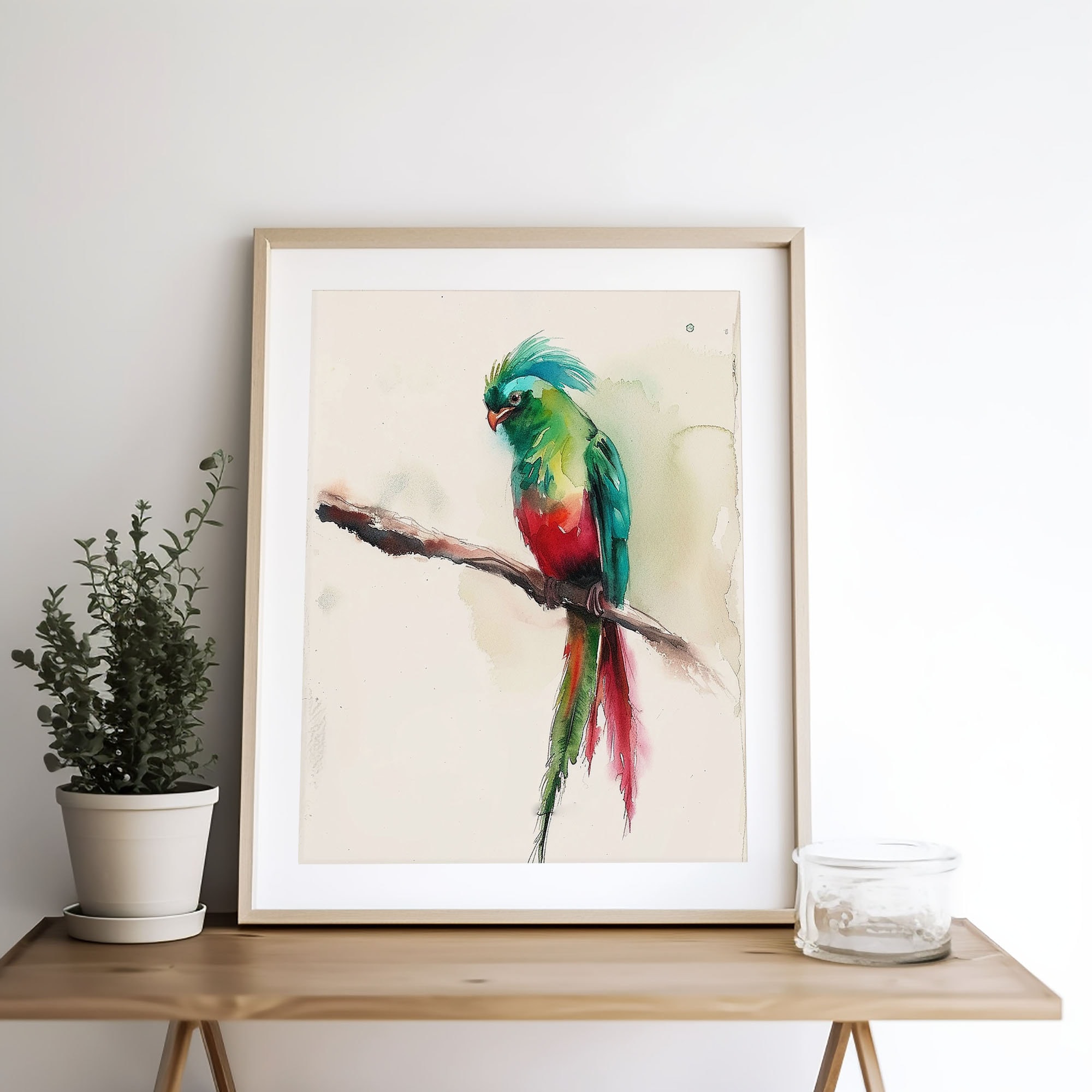 ケツァールの鳥の絵画 鳥の水彩画 アートプリント 赤 緑の鳥 壁アート