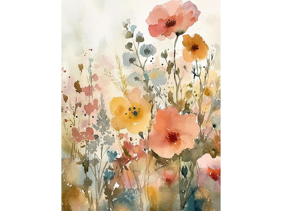 花と風景のアートプリント 野花の絵画 春の花 水彩画 アートプリント 花畑 壁アート 風景画 草原