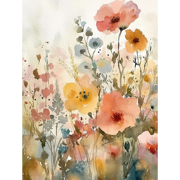 Pintura de flores silvestres, flores de primavera, acuarela, arte de pared, campo de flores, paisaje, prado