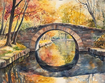 Peut inclure: Aquarelle d'un pont en pierre enjambant une rivière calme. La scène se déroule en automne, avec des arbres aux feuilles jaunes, oranges et rouges. Le reflet du pont est visible dans l'eau.