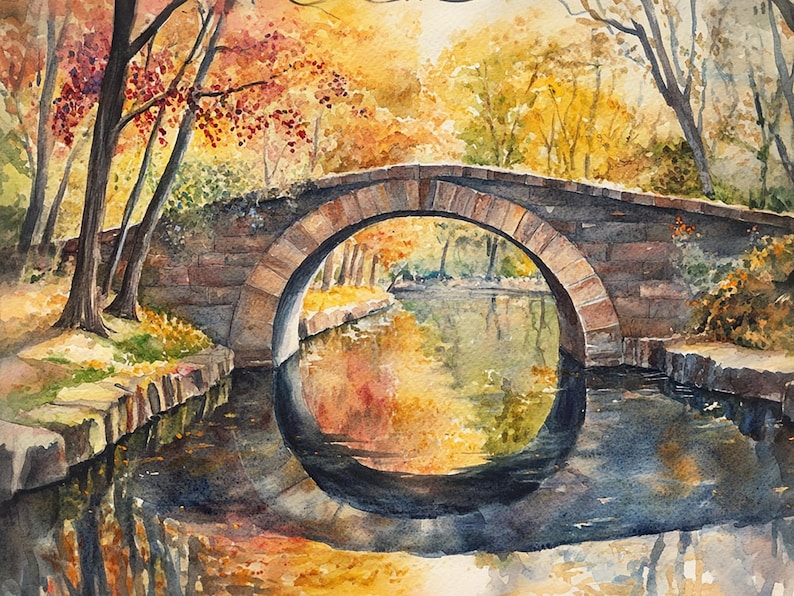 May include: Watercolor painting of a stone bridge arching over a calm river. The scene is set in autumn, with trees displaying vibrant yellow, orange, and red foliage. The bridge's reflection is visible in the water.
