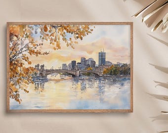 チャールズ川の絵画 ボストンの街並み 水彩画 アートプリント ボストン