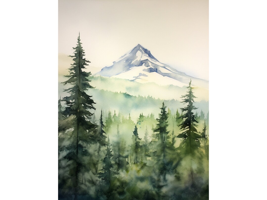Mountain Forest Print Pine Trees Watercolor Painting Misty Mountain ...