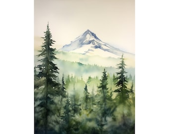 Mountain Forest Print Pine Trees Watercolor Painting Misty Mountain Landscape Pine Watercolor Art