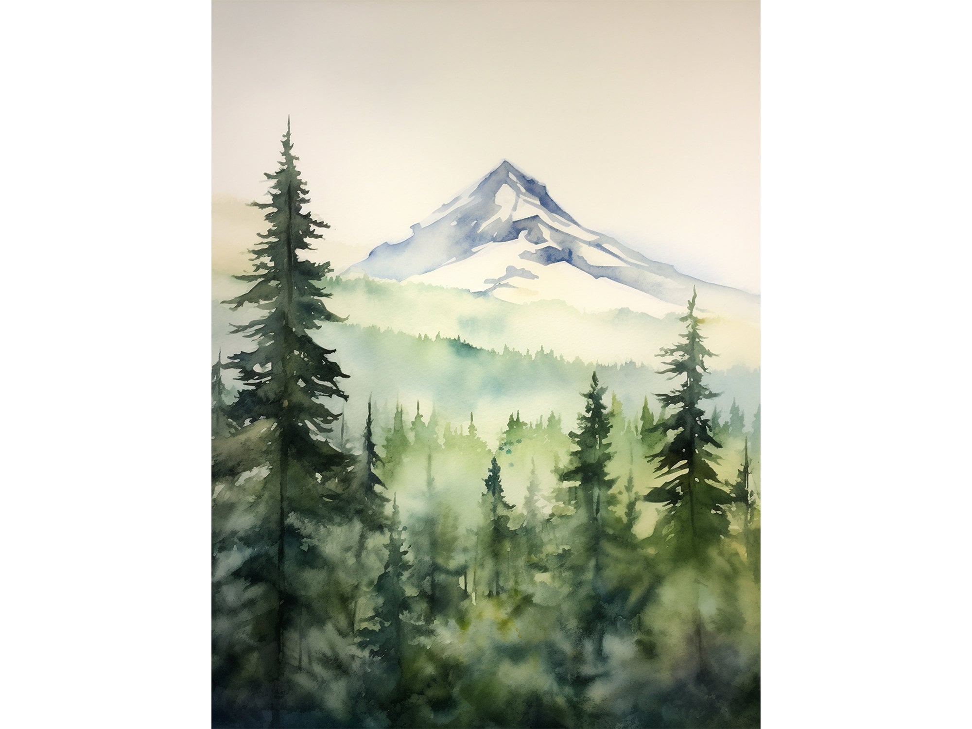 山の森のプリント 松の木の水彩画 霧のかかった山の風景 松の水彩画