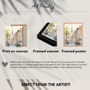May include: A watercolor painting of a canal scene in Amsterdam, Netherlands. The painting features a bridge over a canal with buildings on either side. The painting is available as a print on canvas, framed canvas, or framed poster.