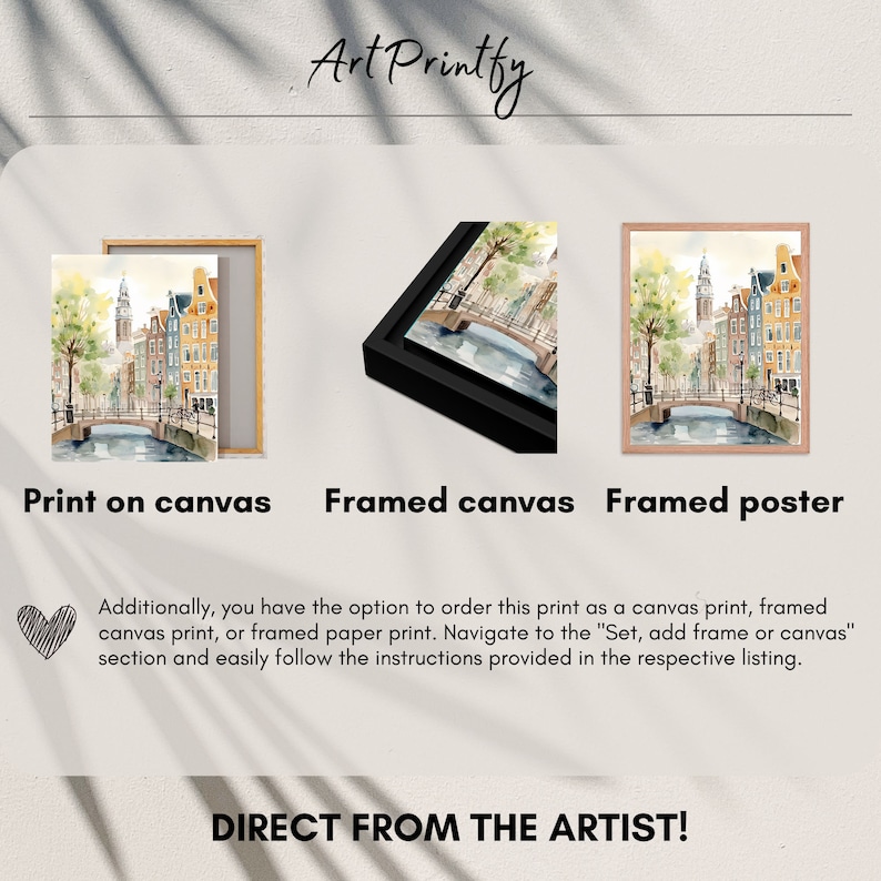 May include: A watercolor painting of a canal scene in Amsterdam, Netherlands. The painting features a bridge over a canal with buildings on either side. The painting is available as a print on canvas, framed canvas, or framed poster.