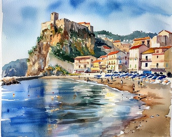 Scilla Beach Painting Calabria Watercolor Art Print Italian Landscape Art Italy Wall Art Seascape Artwork