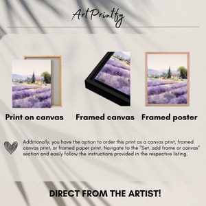 May include: A watercolor painting of a lavender field with a small house in the distance. The painting is available as a print on canvas, framed canvas, or framed poster.