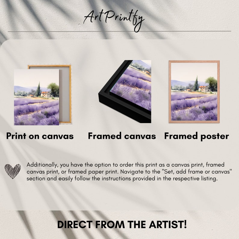 May include: A watercolor painting of a lavender field with a small house in the distance. The painting is available as a print on canvas, framed canvas, or framed poster.