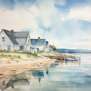 Lakeside Painting Summer Homes Watercolor Beach Landscape Wall Art Seaside Art Print Nautical Poster