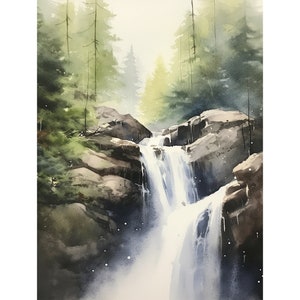 森の滝の絵画 ウィラメットバレー アートプリント 松の木 水彩画 オレゴンの風景 自然 壁アート 森林 壁装飾
