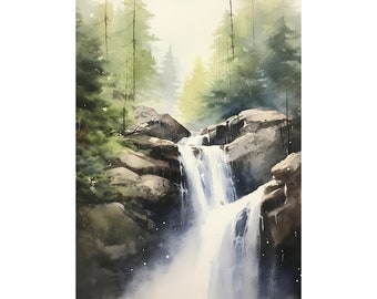 Forest Waterfall Painting Willamette Valley Art Print Pine Trees Watercolor Oregon Landscape Nature Wall Art Woodland Wall Decor