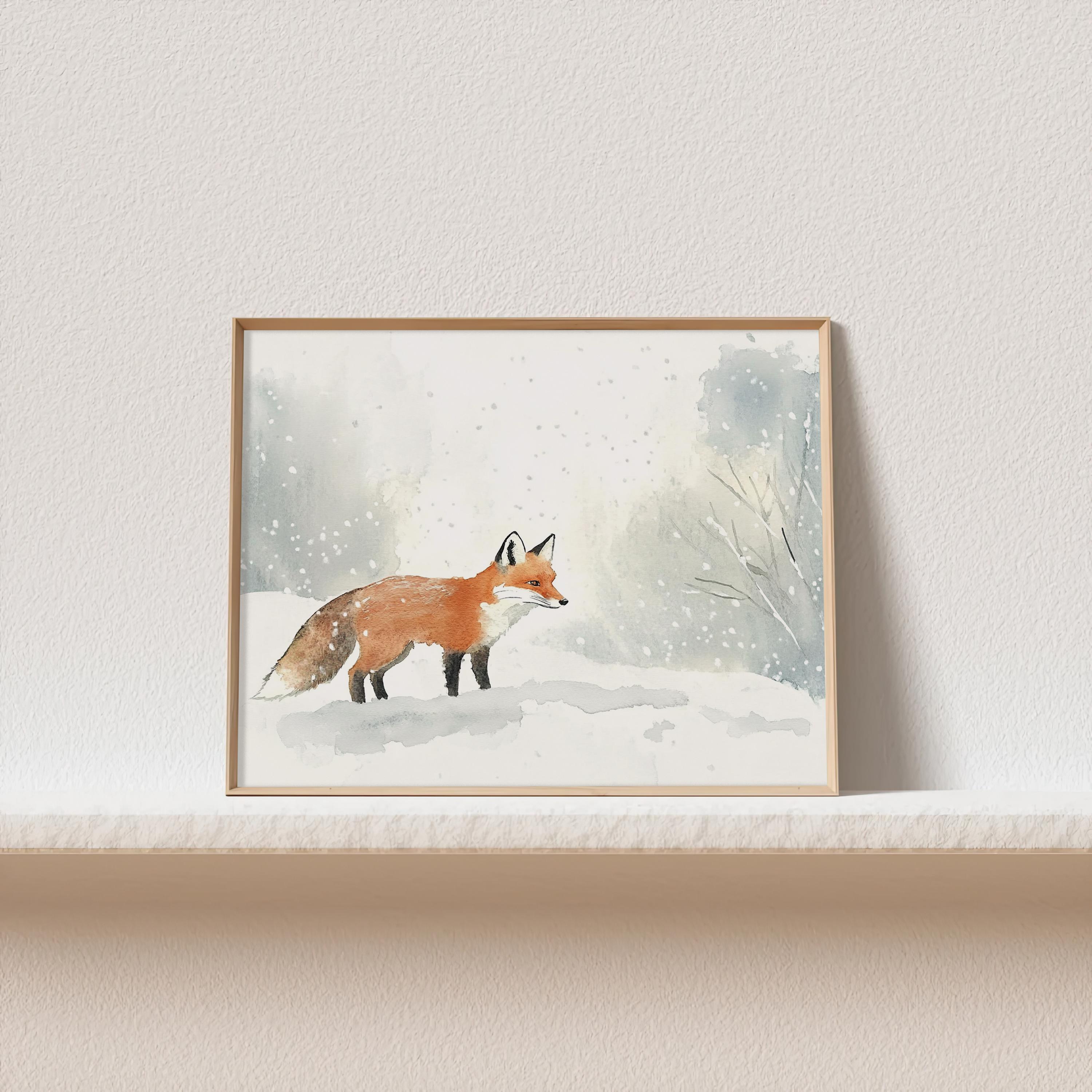 キツネの絵画 雪の森 水彩画 アートプリント 冬の動物 ウォールアート