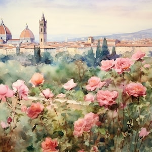 Pintura de Florencia, paisaje urbano italiano, impresión en acuarela, paisaje de jardín de rosas, arte de pared, obra de arte de Toscana, póster de viaje de Italia