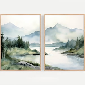 Adirondack Mountains Painting Set Of 2 Misty Mountain Watercolor Prints Mountain River Wall Art Pine Tree Forest Landscape