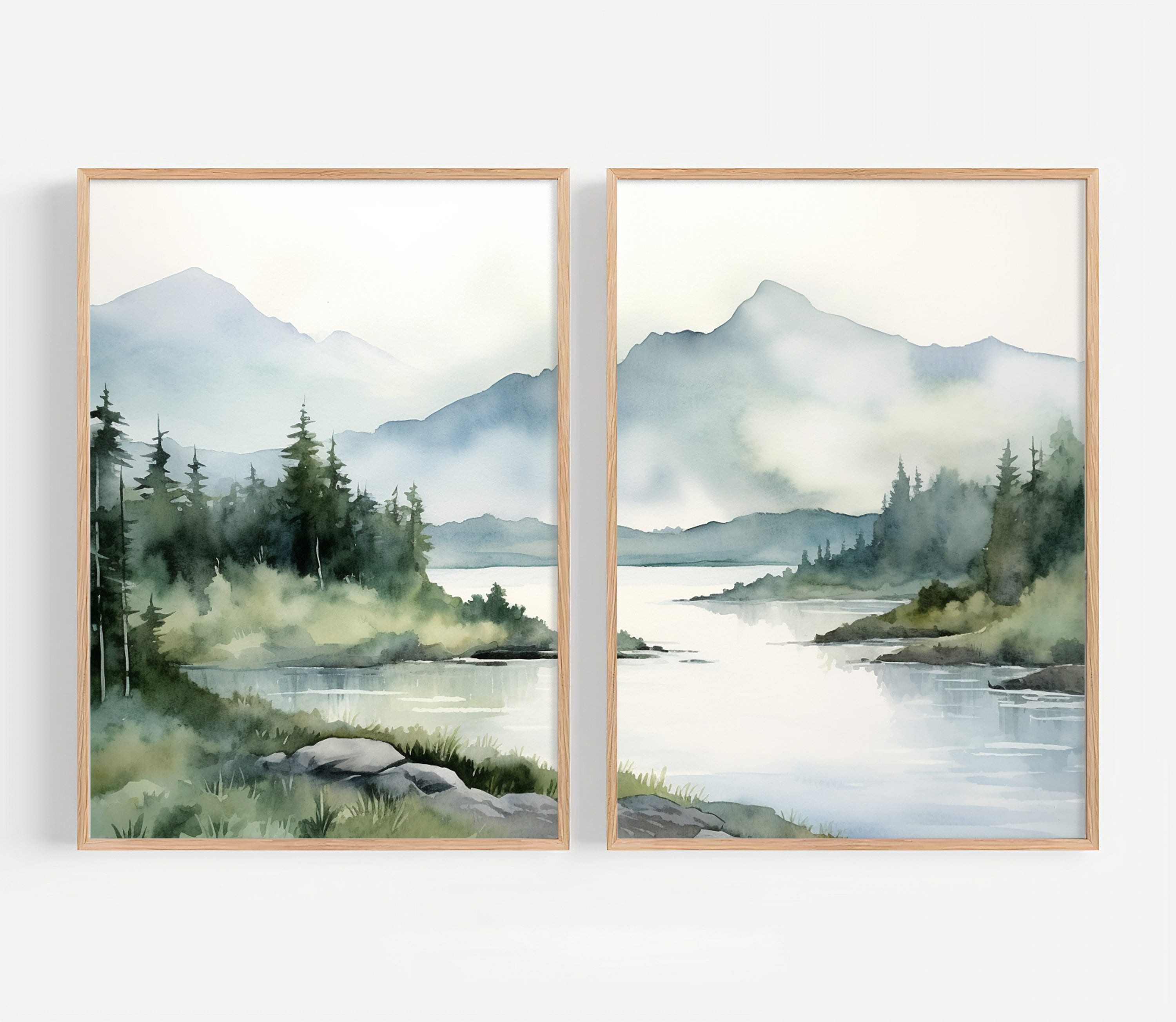 Adirondack Mountains Painting Set Of 2 Misty Mountain Watercolor Prints Mountain River Wall Art Pine Tree Forest Landscape