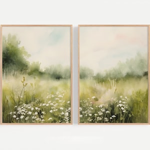 Flower Field Watercolor Painting Set Of 2 Prints Wild Flowers Meadow Art Countryside Landscape Farmhouse Wall Decor
