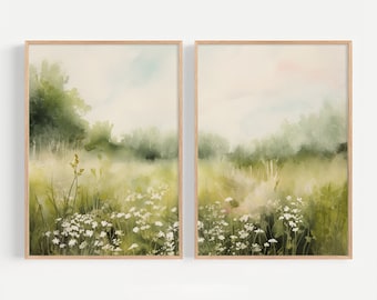 Flower Field Watercolor Painting Set Of 2 Prints Wild Flowers Meadow Art Countryside Landscape Farmhouse Wall Decor