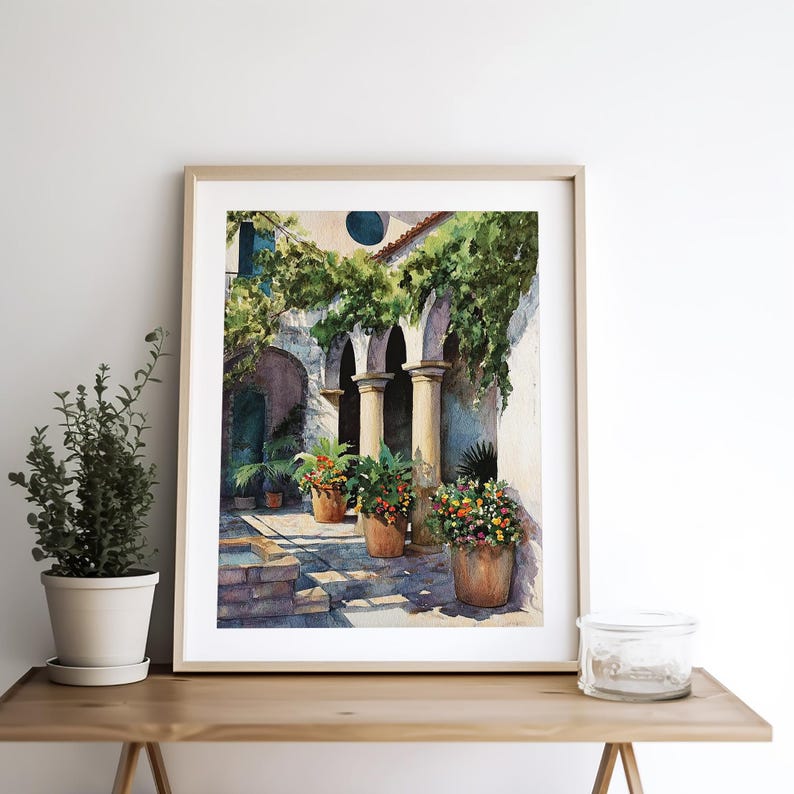 Mediterranean Courtyard Watercolor Print on Paper Arched Patio Villa ...