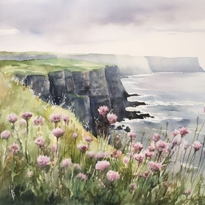 Cliffs of Moher Painting Thistle Watercolor Print Emerald Isle Wall Art Irish Coastal Landscape Ireland Wall Decor Seascape Artwork