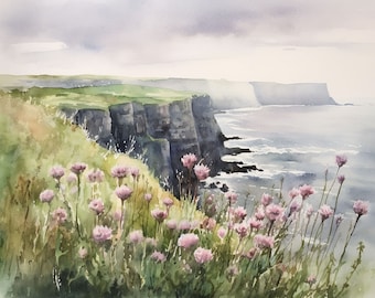 Cliffs of Moher Painting Thistle Watercolor Print Emerald Isle Wall Art Irish Coastal Landscape Ireland Wall Decor Seascape Artwork